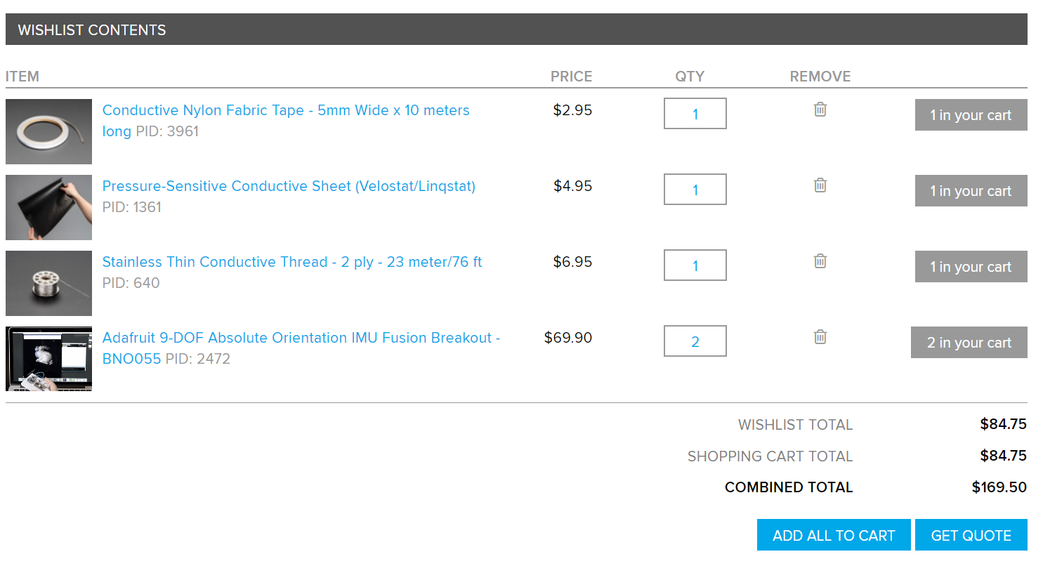 Parts listed on Adafruit